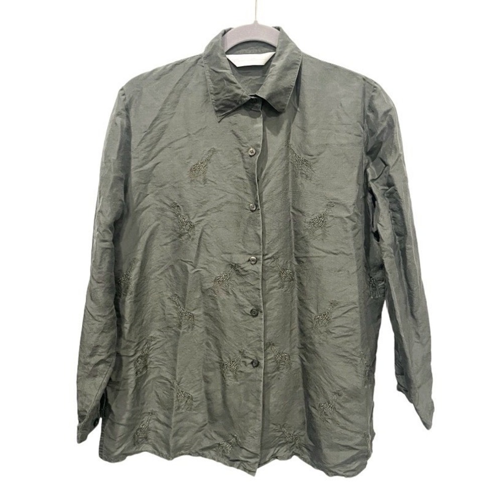 Peter Martin Silk Giraffe Embroidered Button Down Shirt Olive Green Womens 10